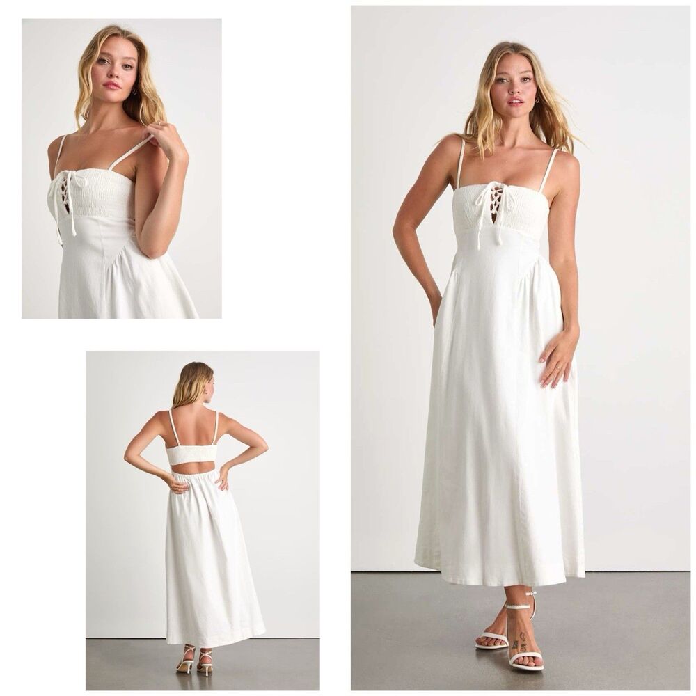 Lulus Laylie Dress Women's XL White Denim Midi Lace Up Smocked Bodice NWOT
